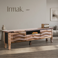 Meuble TV contemporain en bois couleur noyer, design panneau à motif ondulé, console multimédia pour salon, compatible avec les téléviseurs jusqu'à 65 pouces, support au sol en métal