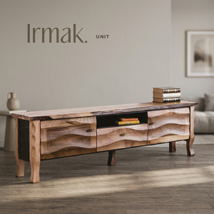 Meuble TV moderne en bois couleur noyer avec panneau décoratif à motif ondulé, console multimédia pour salon, compatible avec les téléviseurs de 65 pouces et plus - Product Image 2