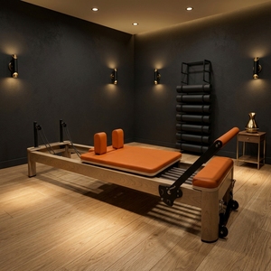 Appareil de Pilates <span class=keywords><strong>Reformer</strong></span> en bois de chêne avec barre de repose-pieds, roues silencieuses, revêtement en cuir microfibre, pour studio et usage domestique, certifié CE pour les marchés australien et américain - Product Image 4