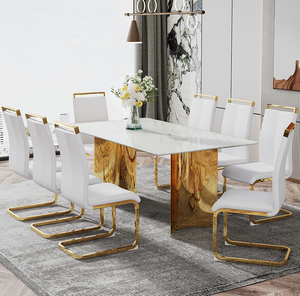 Modern Square Stone Dining <b>Table</b> with White Marble Glass Top and Golden Metal Legs for Hotel Use - Product Image 3