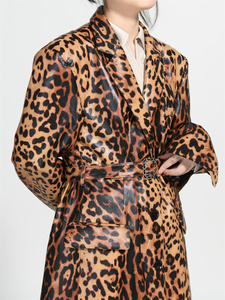 High Quality Genuine Sheep Lamb Leather Custom Long Leopard Pattern Women <strong>Knee</strong> <strong>Length</strong> Blazer Leather <strong>Coat</strong> - Product Image 4
