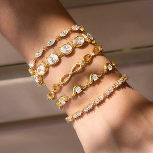 Shiny Stone Gold Jewelry Zircon <b>Bracelets</b> 18k Gold Plated Stainless Steel Handmade <b>White</b> Crystal <b>Bracelet</b> Set for Women - Product Image 1