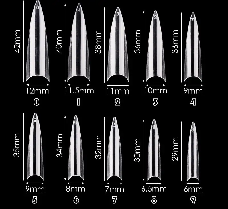 เล็บปลอมอะคริลิคตรง C Curve,เล็บปลอม Stiletto ยาวพิเศษ600ชิ้นสำหรับเล็บขนาดเล็ก