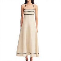 Robe longue formelle sans manches à col montant pour femme, coupe trapèze minimaliste, taille naturelle, en coton lavable, élégante, vintage et décontractée