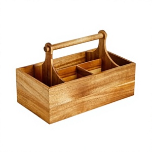 Caja de Almacenamiento Rectangular de Madera con 3 Compartimentos y Asa para Artículos de Baño, Estilo Rústico, Porta Cubiertos Hecho a Mano - Product Image 1