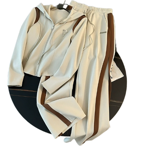 Ensemble décontracté pour femmes d'automne <span class=keywords><strong>avec</strong></span> <span class=keywords><strong>veste</strong></span> à capuche et <span class=keywords><strong>pantalon</strong></span> <span class=keywords><strong>large</strong></span> en coton et polyester, tenue deux pièces - Product Image 1