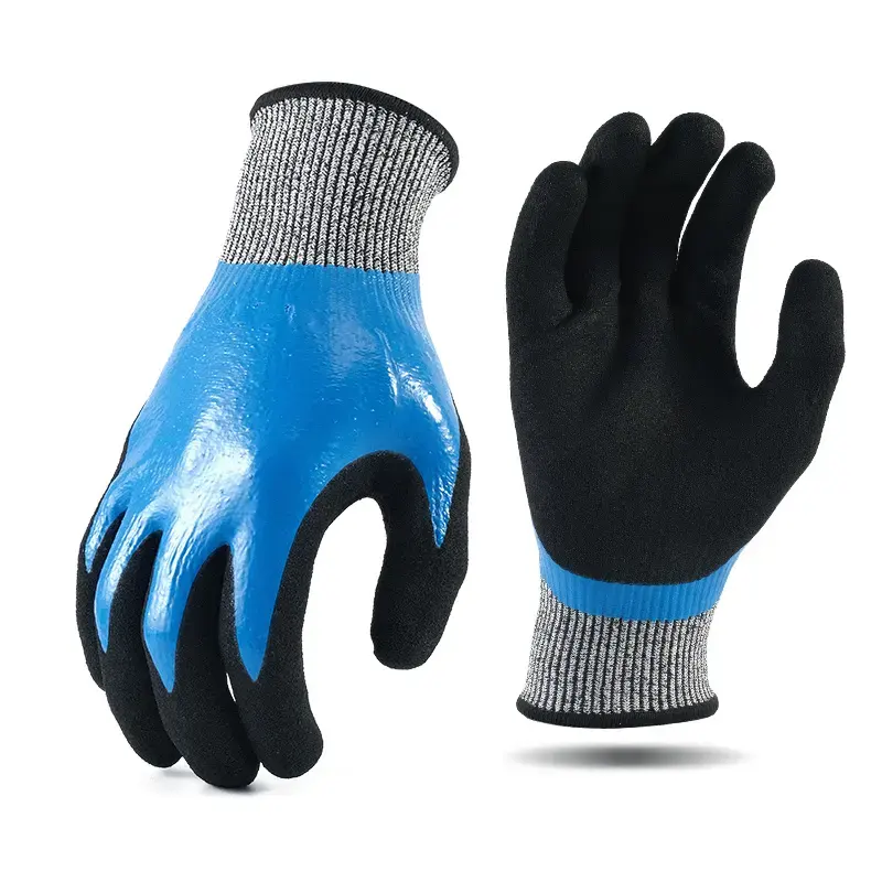 Factory HPPE Knitted Liner Waterproof Oil Resistant Double Nitrile Dipped Wear Resistant Safety Work Cut Resistant Gloves