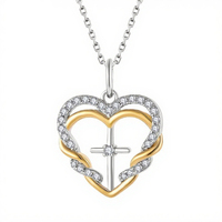 Collier en forme de coeur exquis double coeur or rose 18 carats argent 925 deux tons en forme de coeur croix accessoire femme à la mode