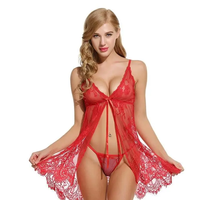 High End Baby Doll Dress Sleepwear Gown Chemise Rojo Short Hot Style Sexy Western Plus Size Soft Floral Mesh Women Underwear