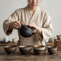 밍슈오 일본 스타일 도자기 수제 친환경 레트로 쿵푸 차컵 (재팬디 디자인, 백 스쿨 컵 받침 포함)