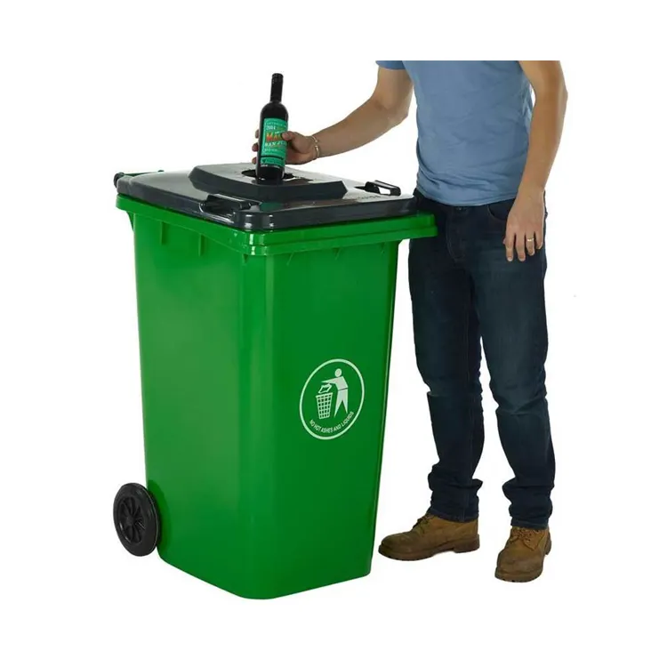 Lixeira de lixo de plástico com furo de borracha e fechamento, 120l/240l/360l/660l/1100l, hdpe exterior, reciclável para rodas e lixeira de lixo de plástico com furo de borracha