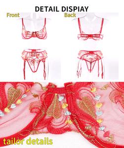 Nieuw Design Valentines Dag Spandex Rode Babydoll Sexy Geborduurd Bloemenkant Met Mesh Vrouwen 3-delige Lingerie - Product Image 5