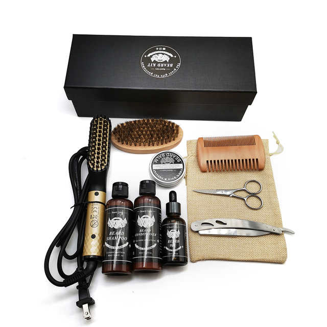 Super Men Care Grooming Gift Set Beard Hair Straightener Roller Brush Comb Scissors Beard Shampoo Balm Oil Growth Kit