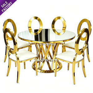 Table ronde en verre avec dessus en verre, chaises et tables modernes en acier inoxydable doré pour les fêtes et les hôtels - Product Image 1