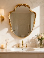 Miroir de salle de bain mural en bois de style rétro européen, forme extraterrestre, avec lampe LED tactile, miroir de maquillage pour entrée