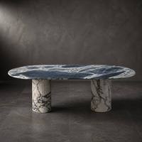 Table à manger ovale moderne personnalisée en marbre gris naturel et blanc éléphant, avec bases en piédestal cannelées, finition brillante, mobilier de luxe en pierre