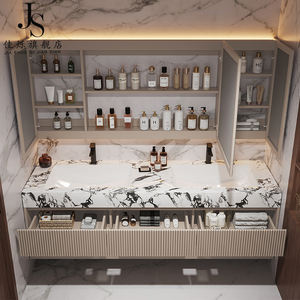 모던 호텔 욕실 세면대 화이트 대리석 상판 수납장 스트라이프 스타일 욕실장 공장 맞춤 제작 - Product Image 2