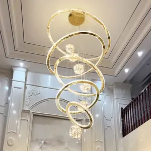 Modern Luxury Decorative Round Gold Stainless Steel LED Staircase Chandelier High Ceiling Chandeliers For Lobby