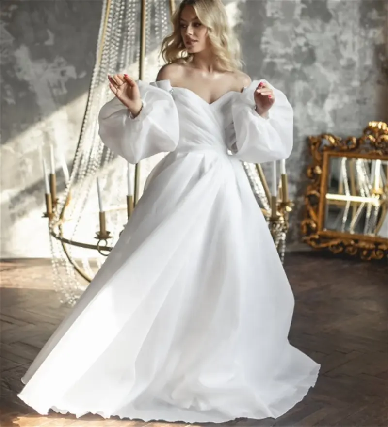 #11232 Off-The-Shoulder Corset Open Back A-Line Puff Sleeve Silk Organza Stylish Wedding Dress Bridal Gowns Evening Dress