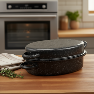 Oval Goose Roaster 7.5 L 38 Cm Enamelled Black White Speckled Roasting <b>Pan</b> - Product Image 3