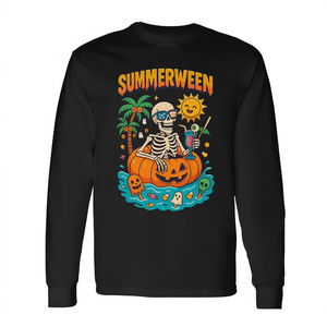 Summerween <b>Skeleton</b> Vibes Chillin In <b>Pumpkin</b> Float Long Sleeve T-Shirt - Product Image 2