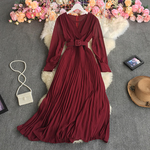 Moda <span class=keywords><strong>a</strong></span> pieghe retrò abito scollo <span class=keywords><strong>a</strong></span> V in vita dimagrante gonna grande posto gonna <span class=keywords><strong>a</strong></span> trapezio abito Casual da donna di <span class=keywords><strong>classe</strong></span> - Product Image 2