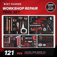 Kit d'outils de réparation de carrosserie automobile 121 pièces avec 5 plateaux en mousse EVA, marteau à débosseler, calibre, lime, burin, extracteur de roulement, outils d'atelier