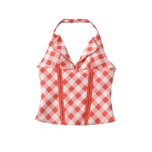 Ropa de Mujer ZA, Primavera 2026, Nuevo Estilo Moderno, Sexy y Versátil, Top Rojo a Cuadros con Cuello en V, Espalda Descubierta, Cintura Ajustada, Sin Mangas, Estilo Vintage - Product Image 1