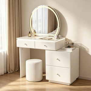 Nouvel Arrivage Ensemble Coiffeuse Blanc Lisse et Brillant avec Miroir LED Rond, Commode à 2 Tiroirs Détachable et Tabouret Cylindrique Solide pour Chambre - Product Image 1