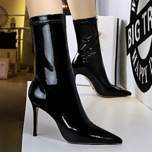 Bottes mi-mollet pour femme en cuir verni style occidental à talon haut - Élastiques, amincissantes, à bout pointu, sexy et de qualité pour la marche - Product Image 1