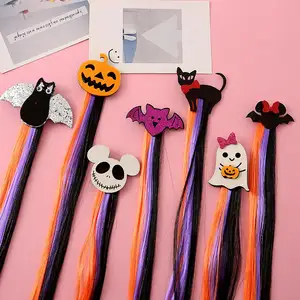 Perhiasan Halloween klip Wig ekstensi rambut, set perhiasan Halloween perlengkapan pesta tema liburan warna-warni dengan bentuk lucu