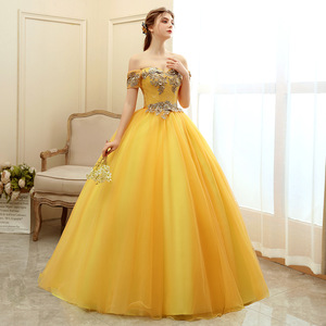 Gold Off The Shoulder Ball Gown Empire Waist Long Evening Dress For Women With Lace Up Back And Tulle Skirt - Product Image 3