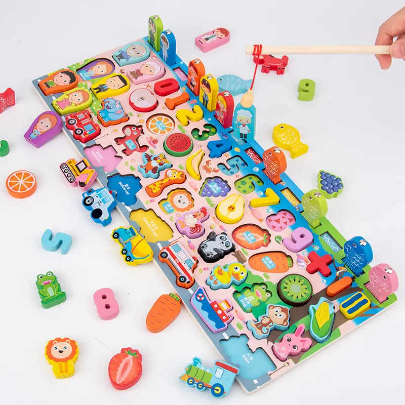 Wooden Digital Board Math Shape Sorter Educational Fishing Toys For Kids