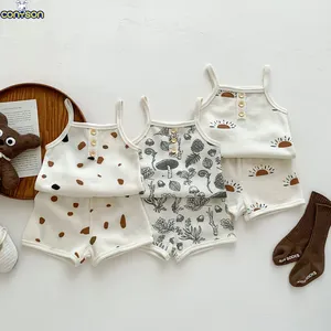 Conyson Factory Supply Quadratischer Kragen Kleinkind Kinder Waffel Kleidung Großhandel Baby Stram pler gedruckt Mädchen Neugeborene 2 Stück Kleidung Set