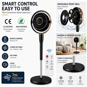 180 °   Ventilateur de circulation d'air à inclinaison verticale, hauteur réglable 60 °   Ventilateur sur pied oscillant avec télécommande, minuterie 24h, CE RoHS - Product Image 5