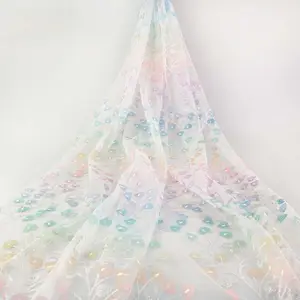 彩虹色心树设计闪粉亮片3D机织绣花布艺花朵刺绣薄纱面料