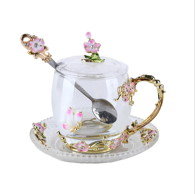 Heat Resistant Embossed Luxury Enamel Crystal Flower Brew Peach Blossom Metal Handle Violet Glass Tea Romantic Iris Cup For Lady