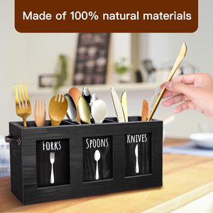 Boîte de rangement en bois pour couverts, noire, rectangulaire, style rustique, organisateur de fourchettes, cuillères et couteaux, type sur pied pour comptoir de cuisine - Product Image 2