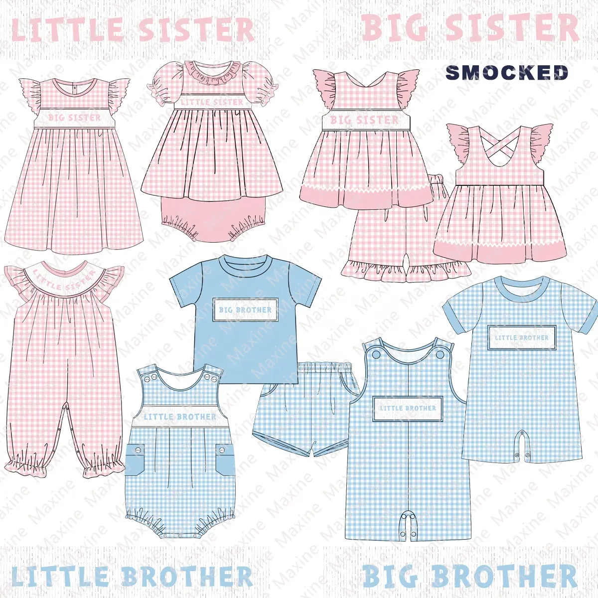Fornitore d'oro personalizzato Smocked Kids Outfit Big Sister ricamo ragazze abbigliamento Set