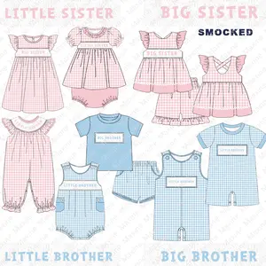 Fornecedor de ouro personalizado Smocked Kids Outfit Big Sister Bordado Girls Clothing Set
