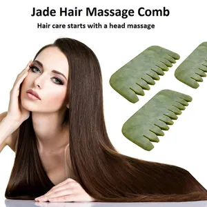 Hot Selling Hair Comb Head Natural Guasha Face Neck Lifting Massage Tool Head Scalp Therapy Green Gua Sha Jade Hair Comb