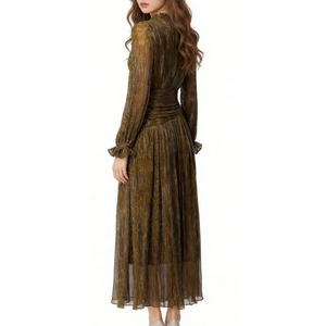 Vestido Maxi de Mujer con Hilo Metálico, Diseño Floral 3D, Cuello Alto y Fruncido, Vestido de Noche Elegante - Product Image 6