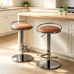 Tabourets <span class=keywords><strong>de</strong></span> <span class=keywords><strong>bar</strong></span> pivotants en PU tressé avec dossier circulaire réglable, base chromée et repose-pieds pour cuisine, pub, salon, mobilier <span class=keywords><strong>de</strong></span> maison - Product Image 6