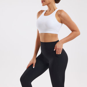 High Waist Seamless Yoga <b>Leggings</b> Set <b>Crop</b> Top Racerback Sleeveless Solid Color 2 Piece Activewear Full Length Stretchy Fit Set - Product Image 2