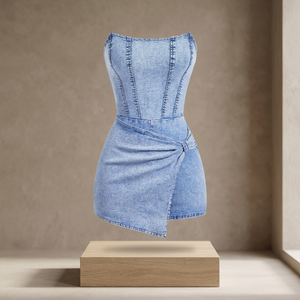 Robe en jean asymétrique sexy, taille haute, coupe ajustée, délavée, couleur unie, style été pour femme - Product Image 3