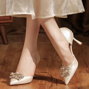 6693C-081 Satin Stiletto Heels Pointed Toe Rhinestone Pearl Decor Fashion Trend Women's Shoes <b>Back</b> Strap Microfiber Leather - Product Image 2