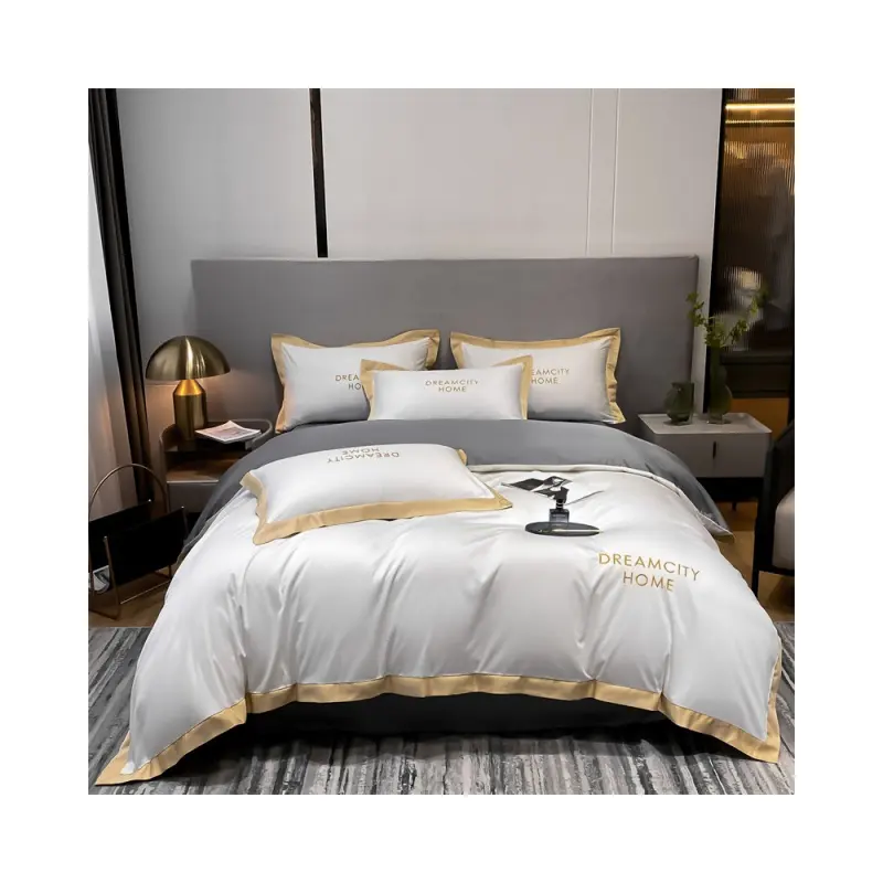 Hôtel de luxe 100% coton longue agrafe couette housse de couette literie en gros broderie taie d'oreiller couette drap de lit ensemble de literie