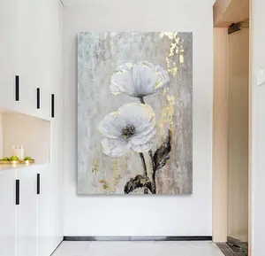 Lienzo grande moderno de línea dorada, decoración de pared, lámina de flores, pintura al óleo, obra de arte pintada a mano