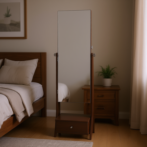 Miroir sur pied brun pleine longueur avec armoire à bijoux et tiroir de rangement en bois pour l'organisation des bijoux - Product Image 2