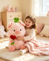 Peluche Cochon Rose Trèfle, Cochon Assis en Peluche avec Rose Rouge, Cochon Trèfle à Quatre Feuilles Porte-Bonheur, Cadeau pour Enfants, Décoration de Canapé et Maison
